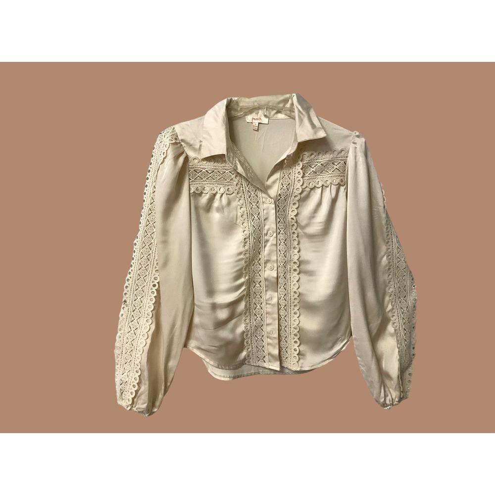 Peach Cream Satin Crochet Lace Blouse Long Sleeve Button Down Puff Shoulder SZ S - Picture 2 of 7